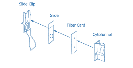 Preparation of a slide in cytospin holder: Slide clip, slide, filter card, cytofunnel